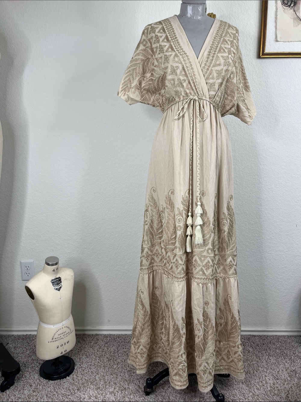 Mim Designs Nova of London Leaf Embroidery Tassel Maxi Dress Metallic Tiered - Picture 1 of 8